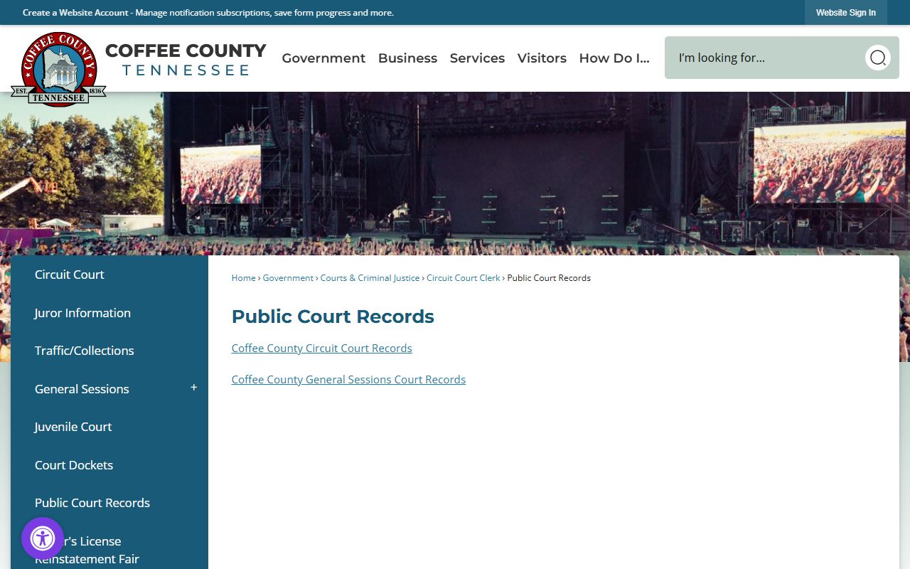 Coffee County criminal court records access through the county public court records page
