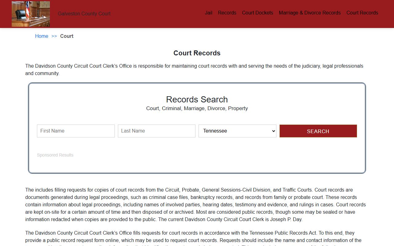 Davidson County criminal court records request information on the Davidson County court records page