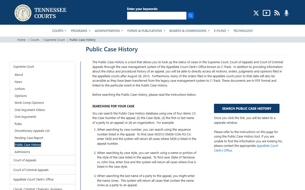 Tennessee criminal court records access through Tennessee appellate public case history