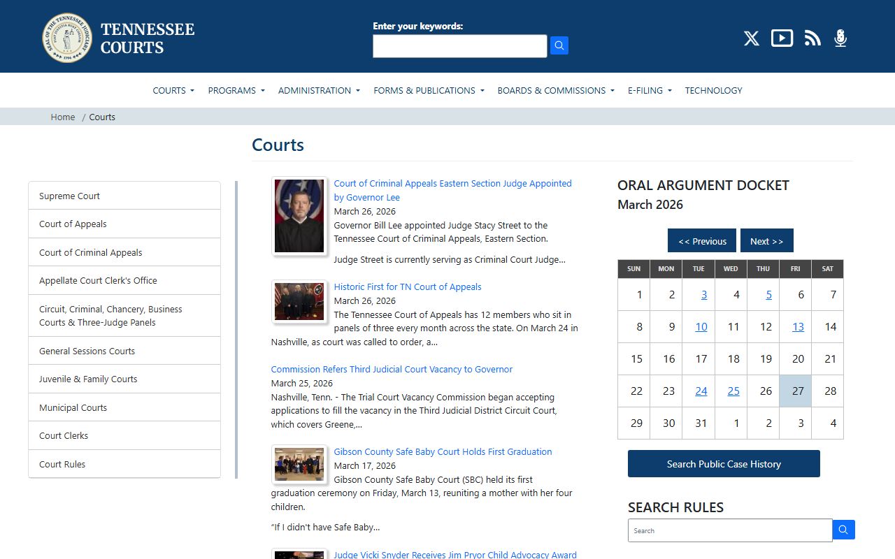 Tennessee criminal court records information on the Tennessee State Courts official website